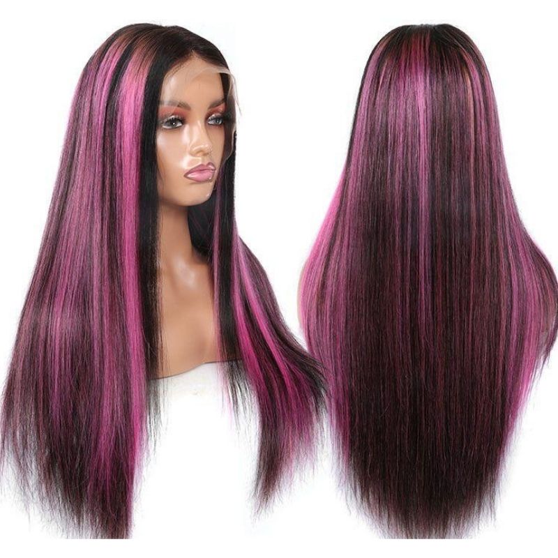 Purple and Natural Black Highlight Wig Pre Plucked Straight Lace Front Wig Brazilian Highlight Colored Human Hair Lace Front Wigs 150% Hair - Image 2