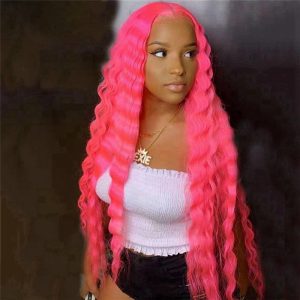 Alternative view of Deep Wave Pink Colored Lace Front Human Hair Wigs Lace Front Wig Brazilian Curly Wig Pre Plucked