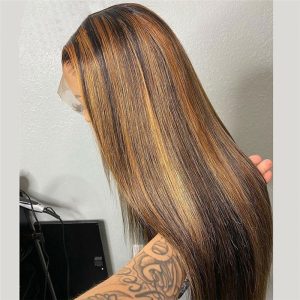 Ombre Straight Lace Front Wig Highlight 28Inch Lace Front Wig Brazilian Remy Highlight Wig Honey Brown Colored Human Hair Wigs - Image 4
