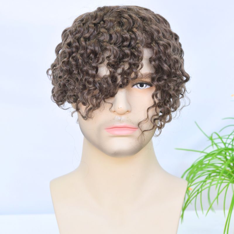 Pwigs Swiss Full Lace Men's Toupee 4 Brown Color 100% European Human Hair System 8 x10 Inch Lace Mens Wigs Loose Curly Hair System