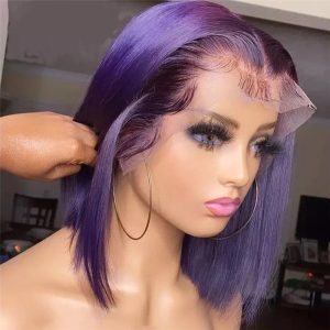 Straight Purple Short Bob Human Hair Wigs Brazilian Remy Pre Plucked Blue Bob Wig Transparent Lace Wigs Glueless Colored Wigs