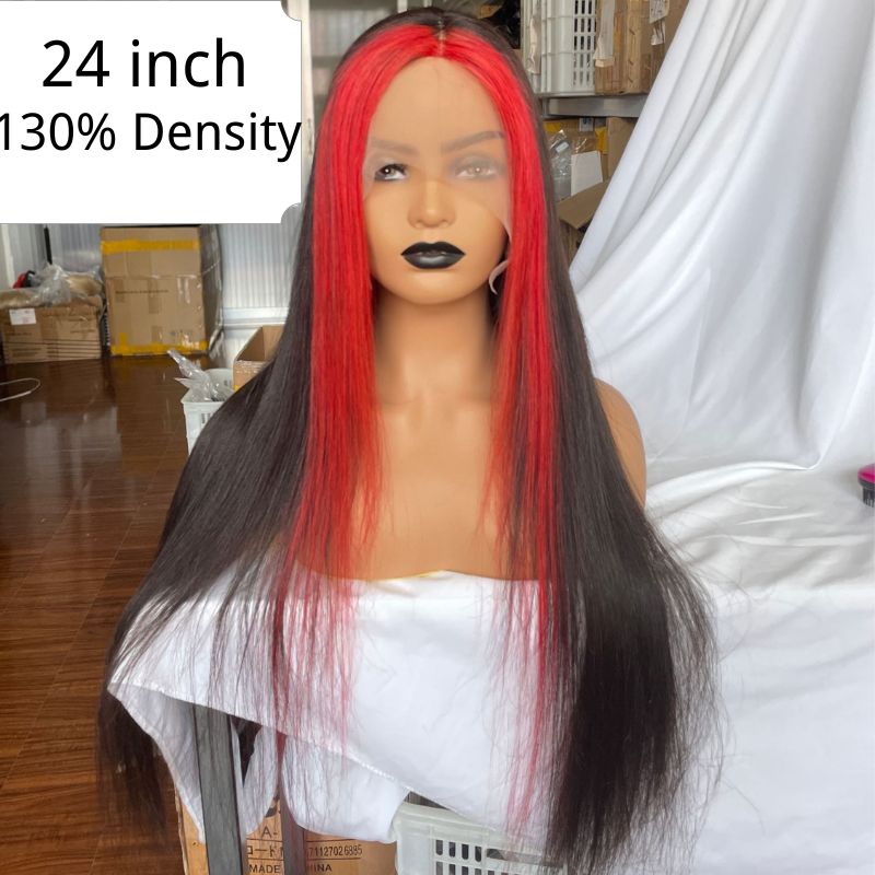 Skunk Stripe Peruvian Hair Lace Front Black Color Red Streak Highlight Wigs Human Hair Lace Front Wigs - Image 2