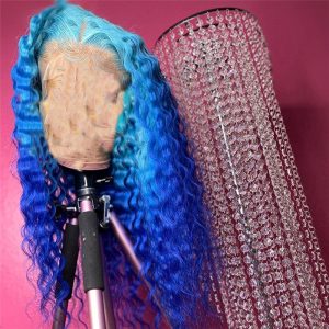 150% Density Deep Wave Blue Ombre Lace Front Wig Brazilian Remy Hair Blue Human Hair Lace Wig Pre Plucked Blue Colored Wigs - Image 3