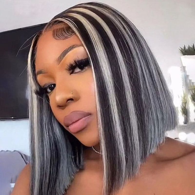 Human Hair Wigs For Women Black Highlight Grey Bob Wig Lace Front Wigs Ombre Human Hair Wig Preplucked - Image 3