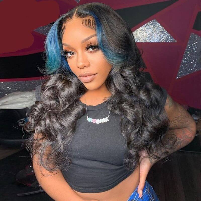 Blue Roots Ombre Hightlight HD Transparent Lace Peruvian Human Hair Black And Blue Ombre Lace Front Wigs Body Wave Black Wigs