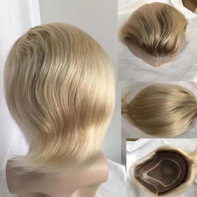 Ombre T60 Platinum Blonde and Black 6-7 Inch 100% Human Hair Men's Toupee Super Thin Mono Lace with PU Around Ombre Blonde 60 Color10" x 8" Toupee - Image 7