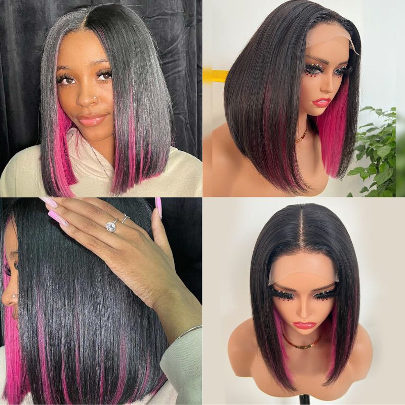 Peruvian Human Hair Wigs For Women Black Highlight Pink Bob Wig Lace Front Ombre Human Hair Wig Preplucked