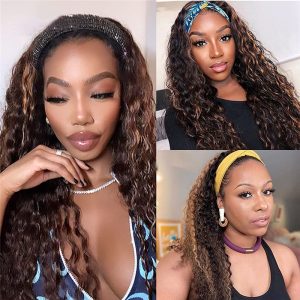 Alternative view of Ombre Highlight Headband Wigs Human Hair Wig for Black Women Brazilian 150% Density P4/27 Water Wave Curly Wig with Headband
