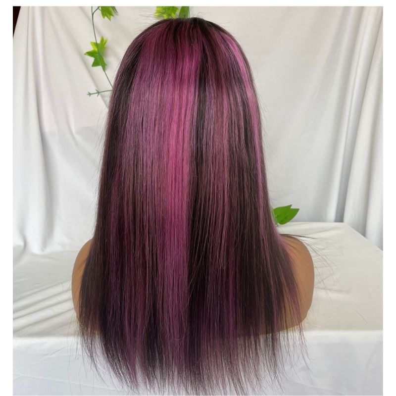 Purple and Natural Black Highlight Wig Pre Plucked Straight Lace Front Wig Brazilian Highlight Colored Human Hair Lace Front Wigs 150% Hair - Image 6