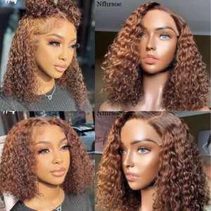 Alternative view of Human Hair Wigs Indian Hair Brown Colored  Curly Lace Front Bob Wig 13x4 Brown Curly Wigs Preplucked