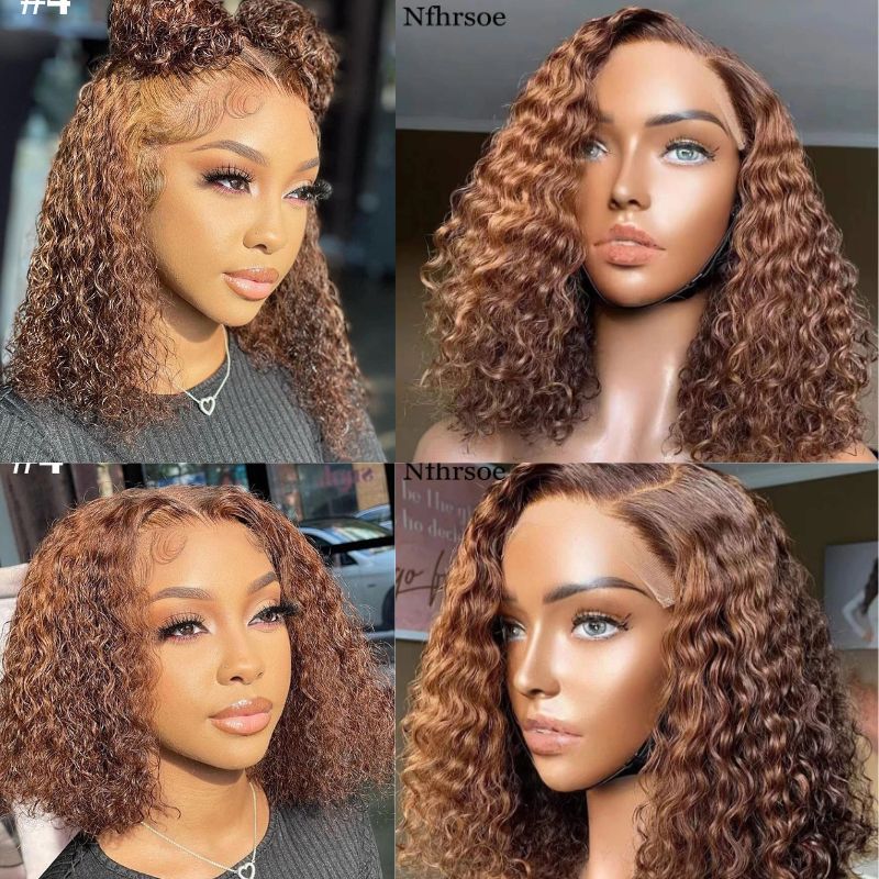 Human Hair Wigs Indian Hair Brown Colored Curly Lace Front Bob Wig 13x4 Brown Curly Wigs Preplucked - Image 2