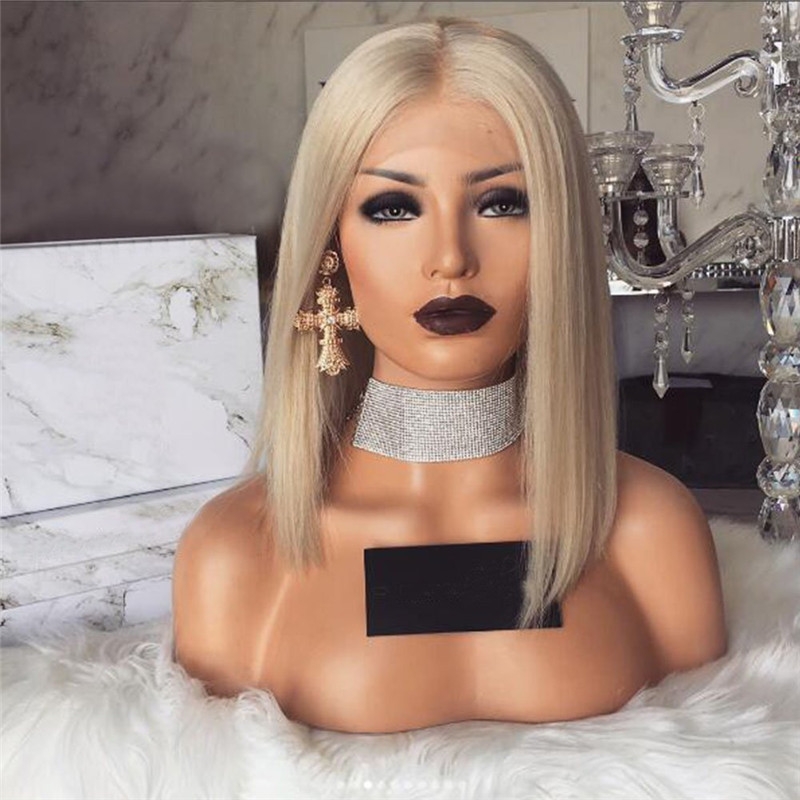 Glueless Lace Front Blond Human Hair Bob Wigs With Baby Hair Pre Plucked #60 Light Blonde Short Brazilian Full Lace Wigs Cap Top Grade Remy Hair