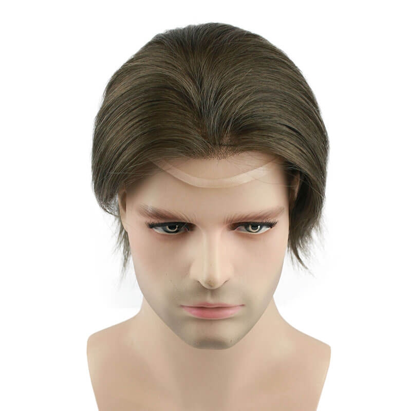 Color #6 French Lace Men Toupee For Men Mono Hair System Bleached and tiny Knots Hair Replacement - Image 3