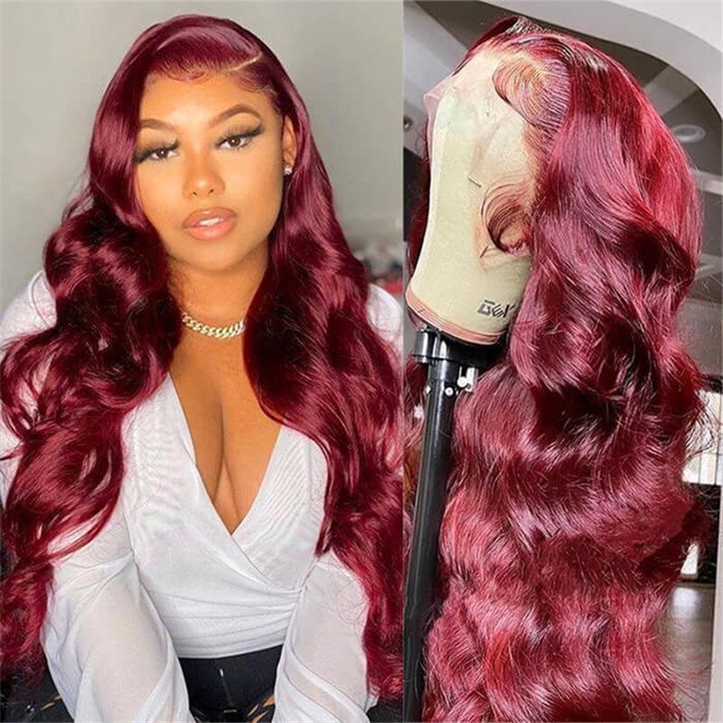 13X6 Hd Lace Front Wig Human Hair Wigs 99J Red Burgundy Pre-Plucked Remy Human Hair Deep Part Wigs - Image 4