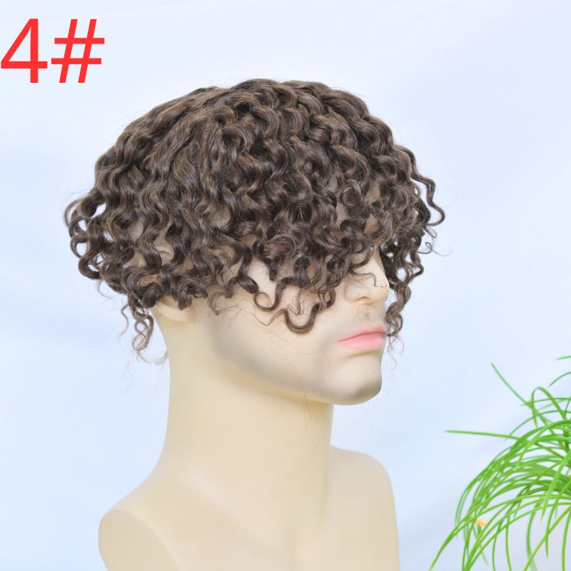 Pwigs Swiss Full Lace Men's Toupee 4 Brown Color 100% European Human Hair System 8 x10 Inch Lace Mens Wigs Loose Curly Hair System - Image 2