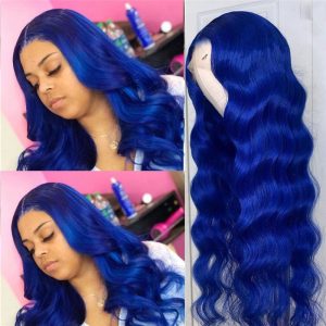 Alternative view of 150% Density Transparent Lace Wigs Body Wave Colored Human Hair Wigs Peruvian Remy 4x4 Closure Wig Blue Ombre Lace Front Wig