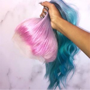 Peruvian Hair Pink Blue Ombre Color Fashion Lace Front Wig