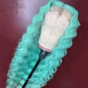 Deep Wave Lake Blue Colored Lace Front Human Hair Wigs Ombre Lace Front Wig Brazilian Curly Wig Pre Plucked