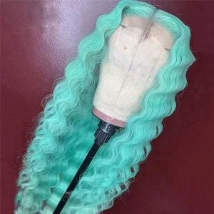 Deep Wave Lake Blue Colored Lace Front Human Hair Wigs Ombre Lace Front Wig Brazilian Curly Wig Pre Plucked