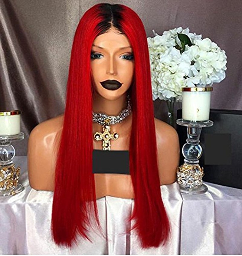 1bt/Red Ombre Straight For Women Mongolian Remy Hair Glueless Human Hair Wigs With Baby Hair - Image 2