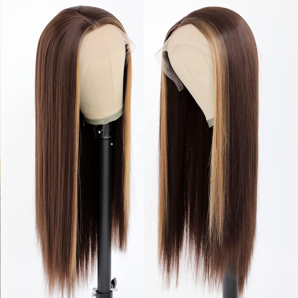 Light and Dark brown /Chocolate Color Skunk Stripe Wigs Straight Lace Wig Lace Front Human Hair Wigs Brazilian Remy Hair Ombre Highlight Wigs For Women 8-28 inch 150% Density - Image 3
