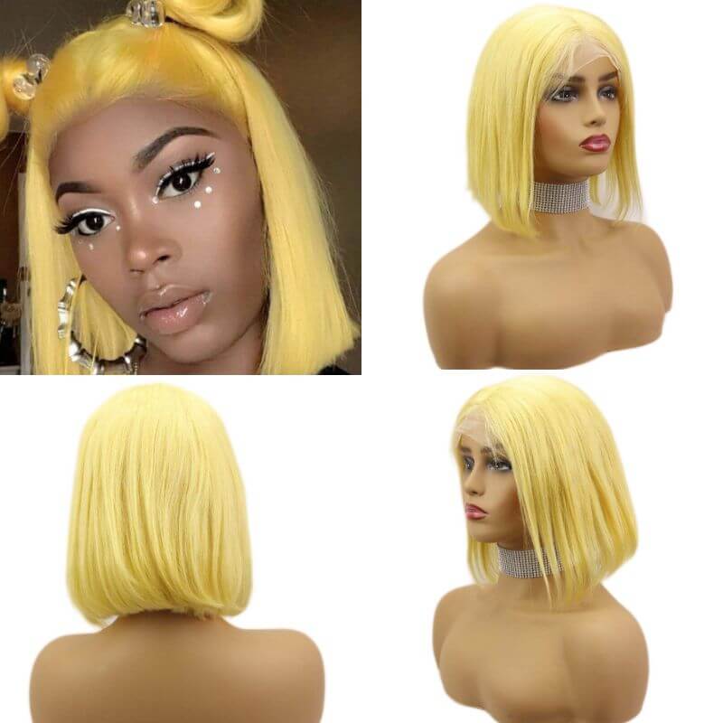 Brazilian Hair Yellow #613 Blonde Color Human Hair Lace Front Bob Wig