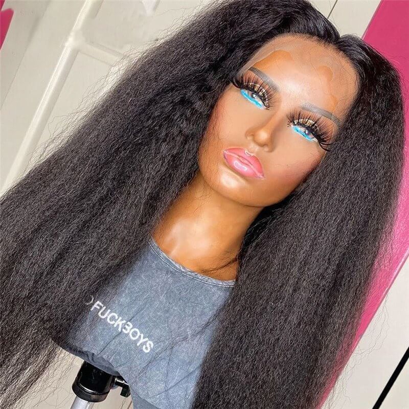 Kinky Straight 13x4 Lace Wig 150% Density Brazilian Remy Yaki Straight Human Hair Wigs For Women Pre Plucked Lace Front Wig
