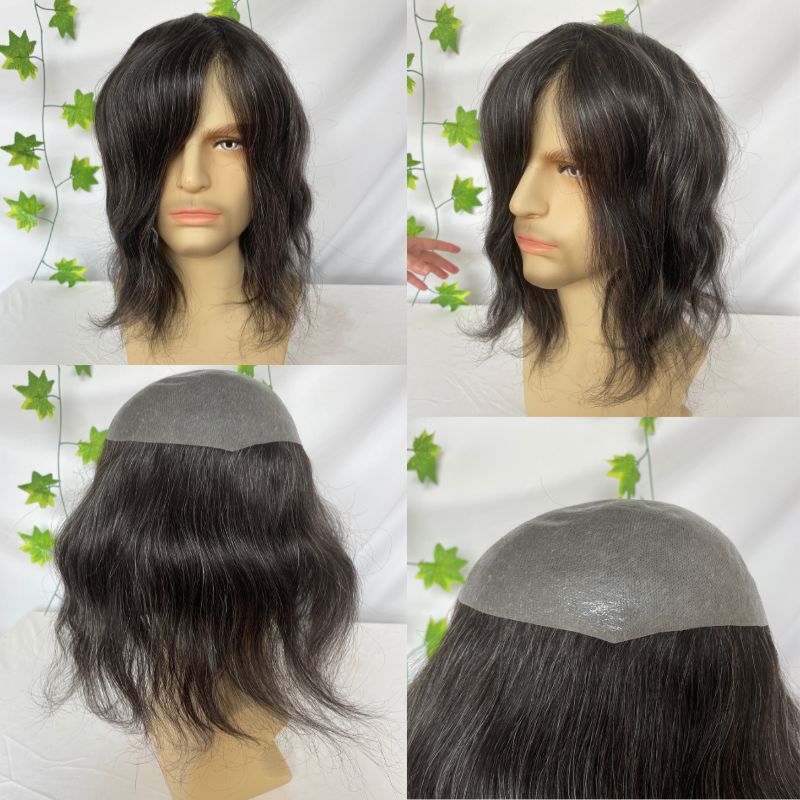 Men's Toupee #1B 20 ( 80% Remy Human Hair with 20% Synthetic Gray Hair ) Toupee for Men Cambodian Human Hair System Super Thin Skin Base Full PU Hairpieces 8x10 Inch V-Loop Hair Replacement - Image 2