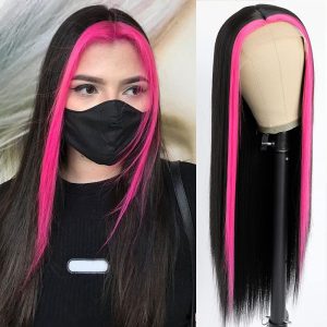 Pink and Black Skunk Stripe Wigs Straight Lace Wig Lace Front Human Hair Wigs Brazilian Remy Hair Pink Highlight Bob Wigs For Women 8-28 inch 150% Density