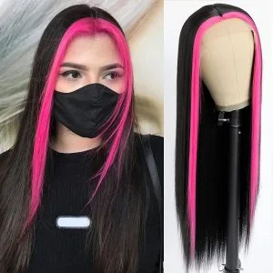 Pink and Black Skunk Stripe Wigs Straight Lace Wig Lace Front Human Hair Wigs Brazilian Remy Hair Pink Highlight Bob Wigs For Women 8-28 inch 150% Density