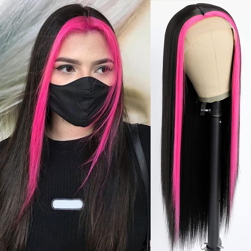 Pink and Black Skunk Stripe Wigs Straight Lace Wig Lace Front Human Hair Wigs Brazilian Remy Hair Pink Highlight Bob Wigs For Women 8-28 inch 150% Density