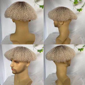 Men Toupee Human Hair Afro Curly Ombre #60 White Color Toupee for Men 8x10 inch Afro Curl Toupee for Black Men Full French Lace Hair System 360 Weave Men Toupee Hair System - Image 6