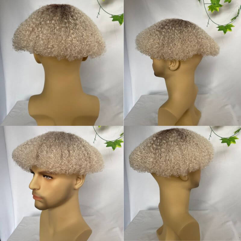 Men Toupee Human Hair Afro Curly Ombre #60 White Color Toupee for Men 8x10 inch Afro Curl Toupee for Black Men Full French Lace Hair System 360 Weave Men Toupee Hair System - Image 6