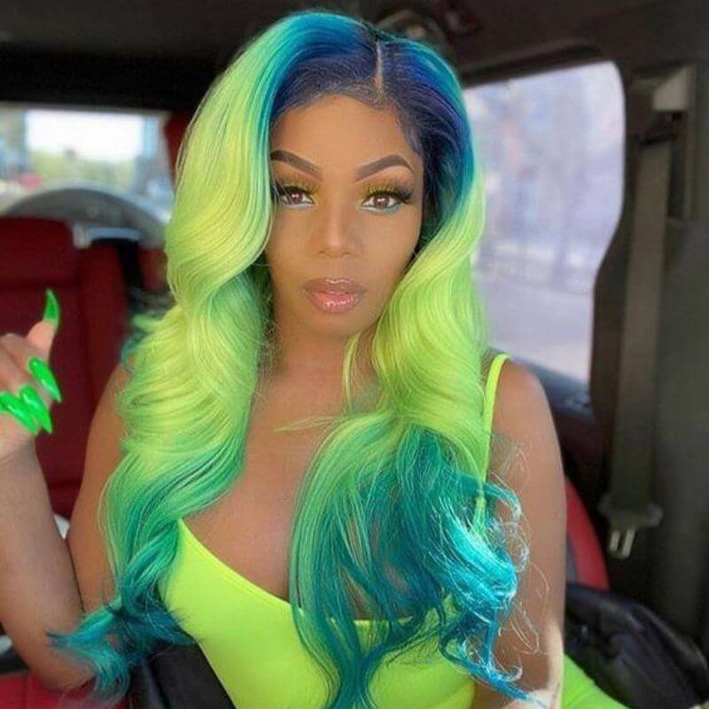 Peruvian Hair Blue Root Ombre Lemon Green Lace Front Wig Remy Wavy Colored Human Hair Wigs For Women 150% Body Wave