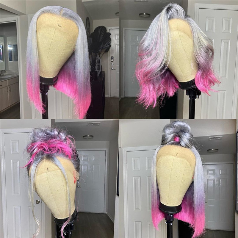 Human Hair Silver With Pink Ombre Color Lace Front Bob Wig