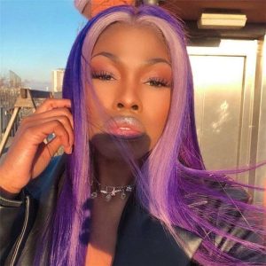Skunk Stripe Wigs Purple Highlight Wig Pre Plucked Straight Lace Part Wig Brazilian Honey Blonde Ombre Colored Human Hair Wigs 150%