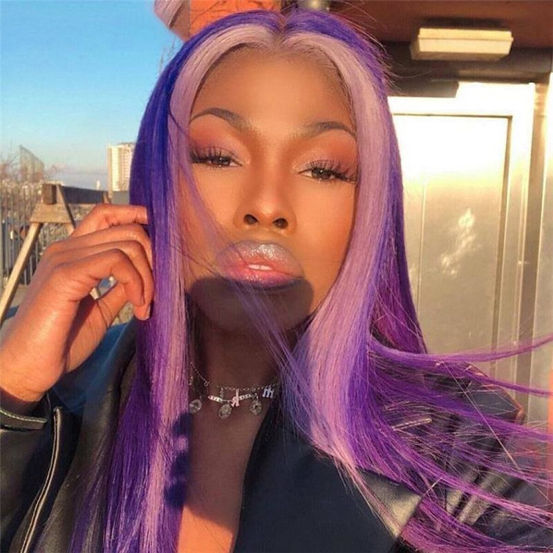 Skunk Stripe Wigs Purple Highlight Wig Pre Plucked Straight Lace Part Wig Brazilian Honey Blonde Ombre Colored Human Hair Wigs 150%
