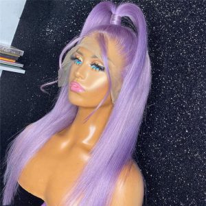 150% Density Straight Purple Lace Front Wig Peruvian Remy Hair Purple Colored Human Hair Wigs For Women Pre Plucked Transparent - Image 5