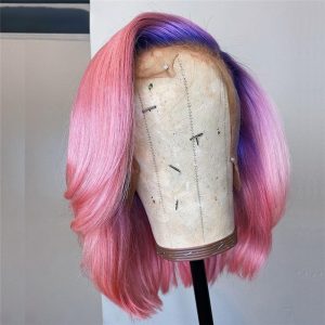 Purple Pink Lace Font Wig Human Hair Brazilian Short Bob Human Hair Wigs Straight Ombre Colored Transparent Lace Wigs 150% - Image 3
