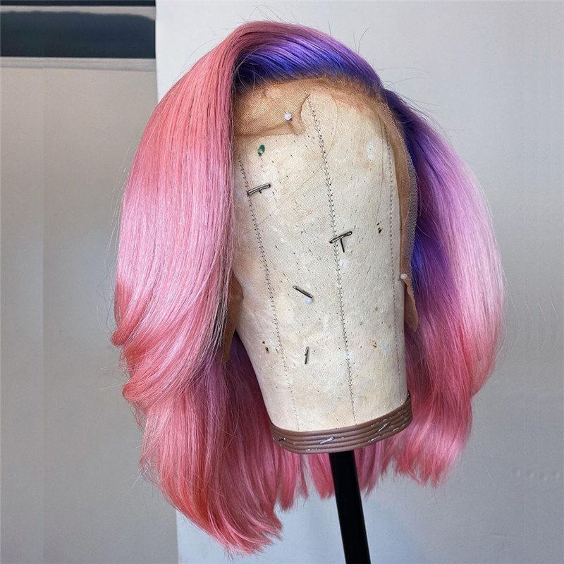 Purple Pink Lace Font Wig Human Hair Brazilian Short Bob Human Hair Wigs Straight Ombre Colored Transparent Lace Wigs 150% - Image 3