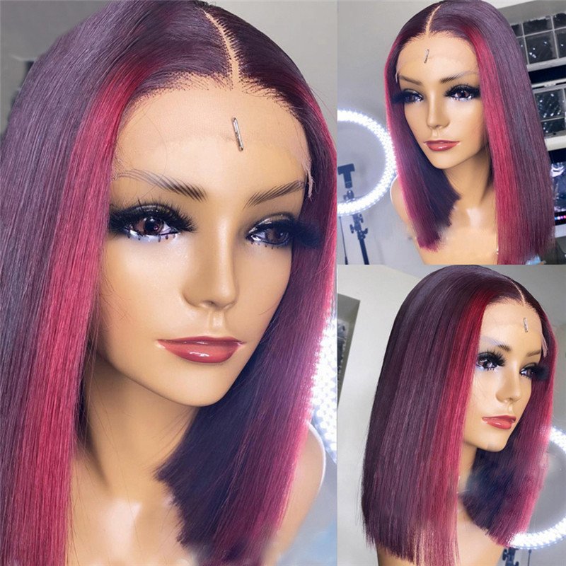 150% Straight Blue Red Short Bob Human Hair Wigs Brazilian Remy Pre Plucked Highlight Wig Transparent Lace Wigs Glueless Wigs - Image 4