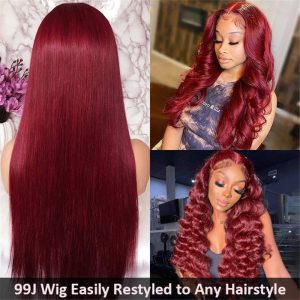 99J Straight/Body Wave 13X4 Burgundy Hd Lace Front Pre Plucked Colored Human Hair Wigs For Women - Image 5