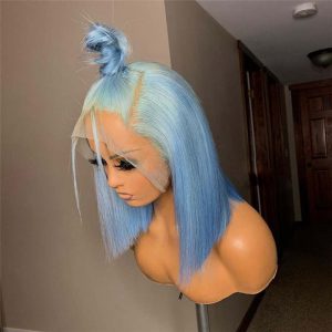 150% Straight Blue Short Bob Human Hair Wigs Brazilian Remy Pre Plucked Blue Bob Wig Transparent Lace Wigs Glueless Wigs - Image 3