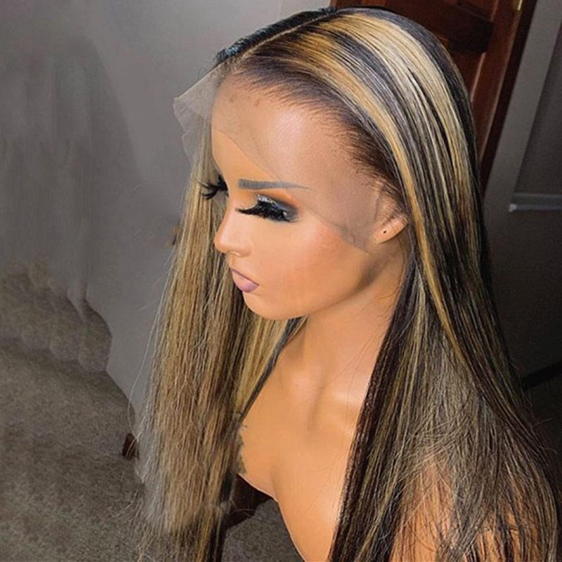 13x4 Straight Honey Blonde Highlighted Lace Frontal Wig With Bangs Brazilian 1B 27 Ombre Human Hair Wigs With Bangs Closure Wig - Image 4