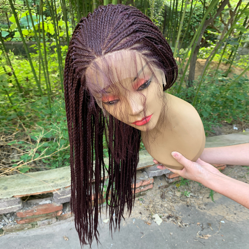 Pure Handmade Box Braided Synthetic Hair Micro Braids Wig For Sale Lace Front Wigs With Baby Hair For Women Burgundy Color - Image 2