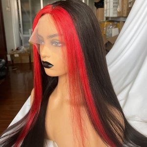 Skunk Stripe Peruvian Hair Lace Front Black Color Red Streak Highlight Wigs Human Hair Lace Front Wigs - Image 4
