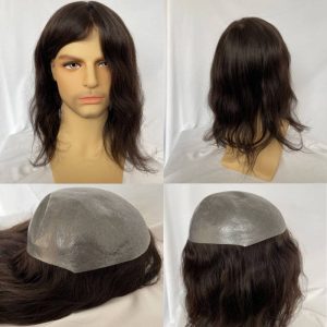Alternative view of 12inch  Full Skin Pu Base Long Human Hair Men Toupee Natural Hairline Men Toupee Silky Straight Wave 8x10 #2 Dark Brown Color Men Wigs