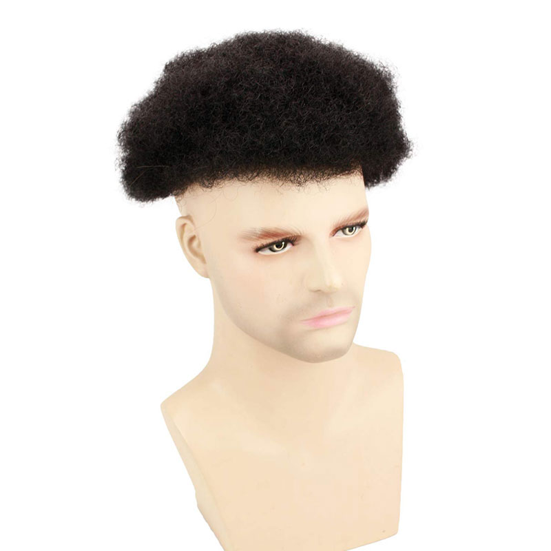 Pwigs African American Wigs Mono Lace with PU Base Mens Hairpiece 150%Density Afro Tight Curly Human Hair Toupee #1B Black 10x8inch - Image 4