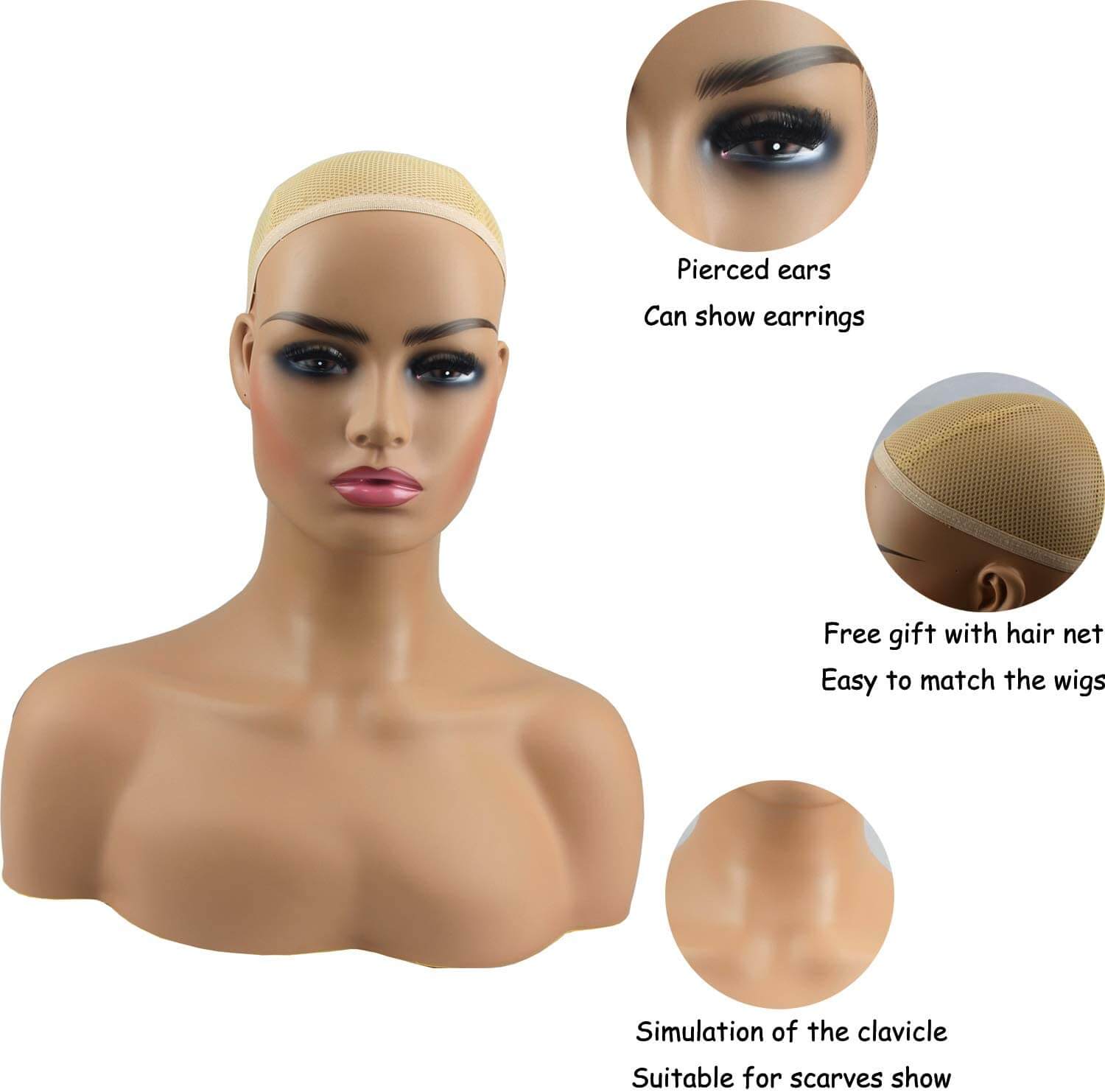 Realistic Female Mannequin Head with Shoulder Manikin PVC Head Bust Wig Head Stand for Wigs Display Making,Styling,Sunglasses,Necklace Earrings - Image 2
