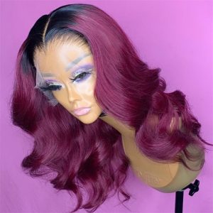 Peruvian Hair Burgundy Color With Dark Root Lace Front Wig
